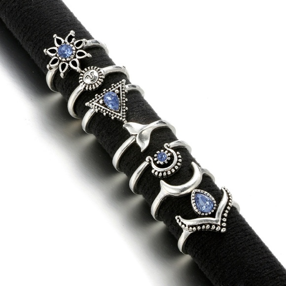 New!  7 Piece Boho Silver Ring Set W/ Blue gems - Picture 2 of 4